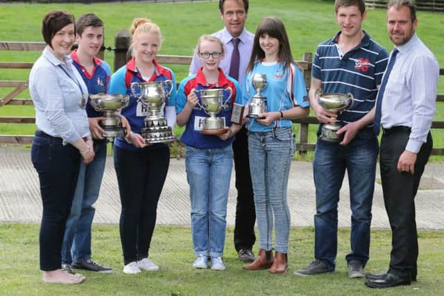 Roberta Simmons, YFCU president, Cormac McKervey and Connor McNeill of Ulster Bank are pictured last year presenting prizes to the YFCU 2015 dairy stock judging winners: Thomas Miller, Claire Adams and Cara Millar of Coleraine YFC; Chloe Miller Dungiven YFC and Robert Stewart, Newtownards YFC